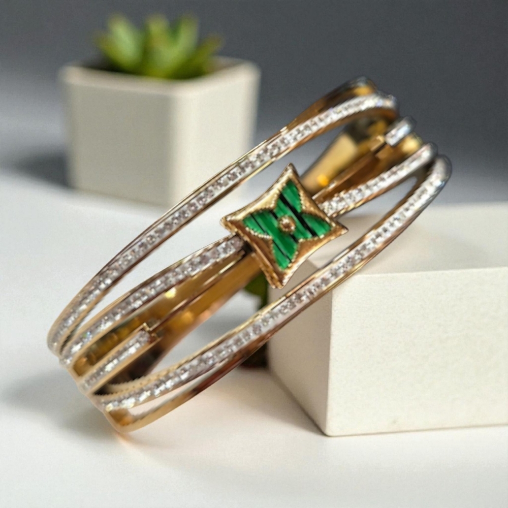 18k Gold Plated Malachite Clover Pave Crystal Hinged Bracelet